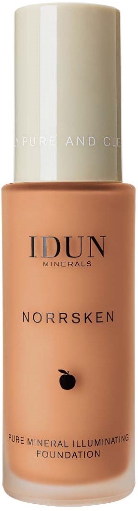 En foundationflaske med beige væske, merket IDUN MINERALS og NOERNSKEN, med et lite fruktikon.