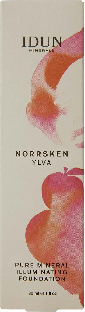 En lang, slank eske med myke rosa og oransje vannmålerignedesign og tekst om mineralfoundasjon.
