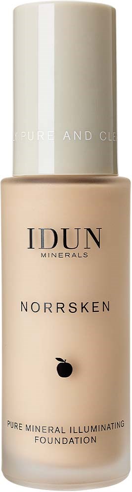 A beige bottle of IDUN Minerals foundation with white cap, labeled 'Norsken' and 'Pure Mineral Illuminating Foundation'.