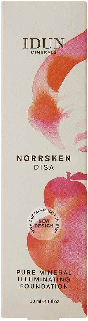 A box with colorful watercolor peach illustrations, text about foundation and mineral ingredients, and a round badge highlighting new design.