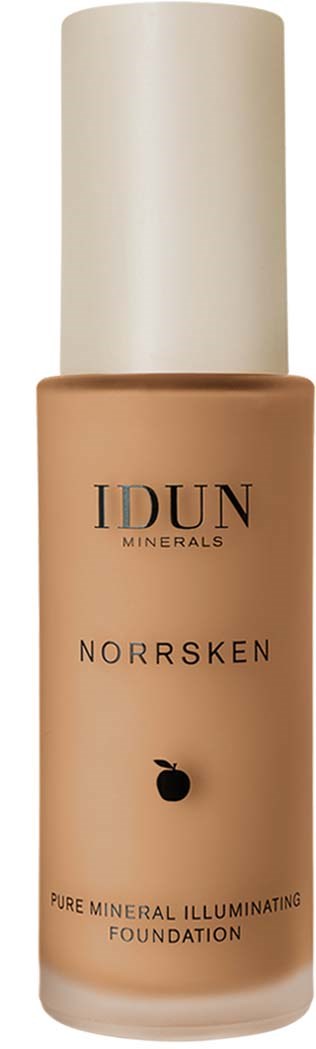 En beige foundationflaske med hvit hett, merket 'IDUN MINERALS NORRSKEN'.