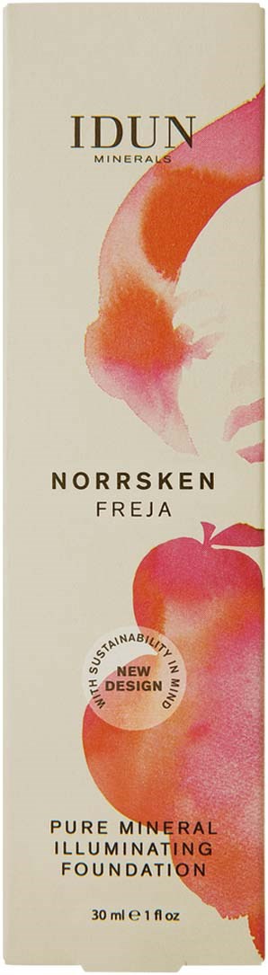 Design med en rød og orange fisk nær toppen og bunnen, tekst om mineralfoundation i midten.