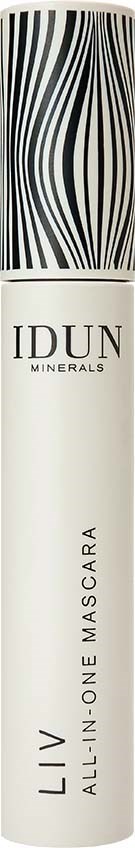En hvit tube med svarte bølgende linjer på lokket, merket "IDUN Minerals Live All-in-One Mascara."