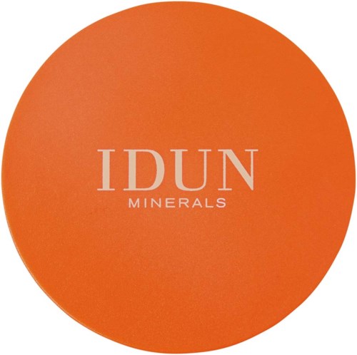 En rund oransje logo med hvit tekst 'IDUN MINERALS' i midten. Logoen har en enkel, glatt design.