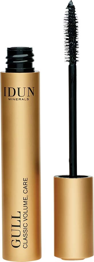 En mascara-flaske merket 'IDUN Minerals GULL Classic Volume Care' med børste ved siden av, på svart bakgrunn.