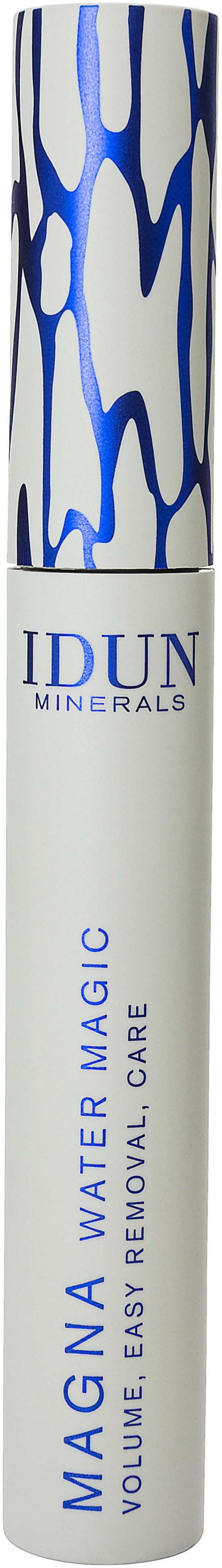 En cylindrisk flaska med blå och vit design, märkt 'IDUN Minerals Mg Water Magic.'