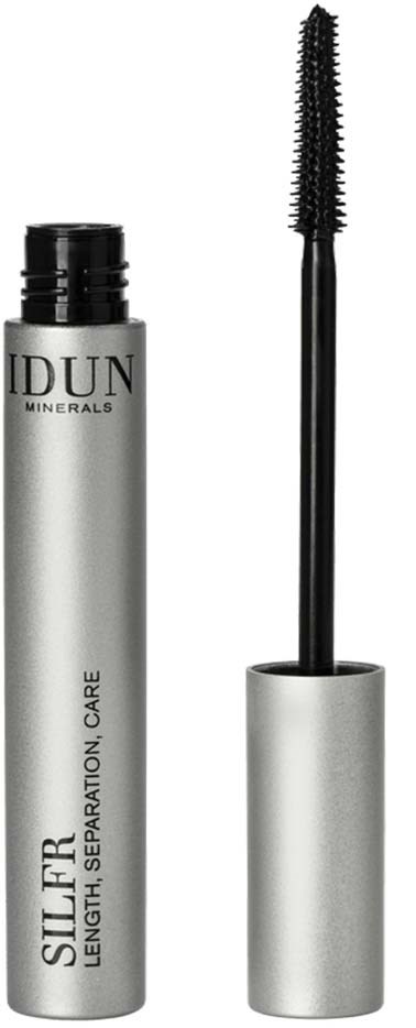 Czarna szczoteczka do tuszu do rzęs obok srebrnej tubki z napisem 'IDUN MINERALS SIL.FR LENGTH, SEPARATION, CARE'.