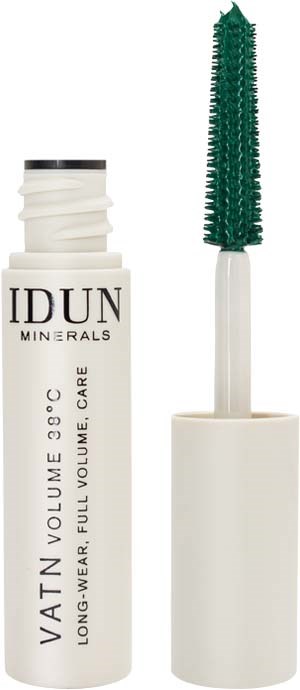 En mascara med hvit tube og grønn børste, merket 'IDUN MINERALS VATTN'.