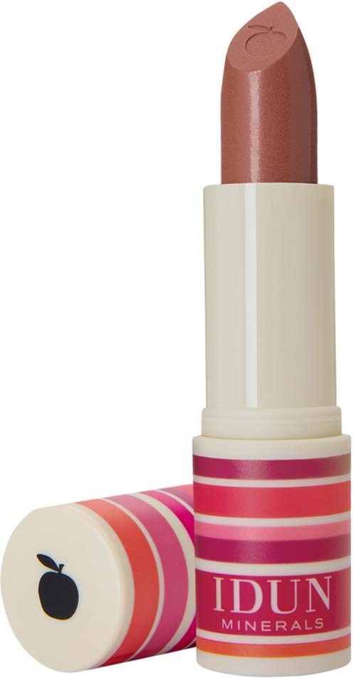 En läppstift med rosa och vit randig förpackning och en brun läppstift inuti.