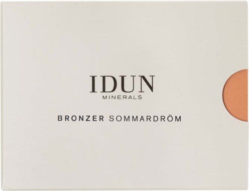 Opakowanie bronzera IDUN Minerals z nazwą produktu i małym okrągłym próbką koloru.