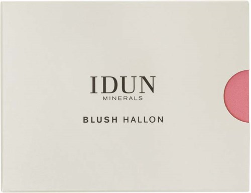 Valkoinen rasia, jossa musta teksti 'IDUN Minerals Blush Hallon' ja pinkki poskipuna sivulla.