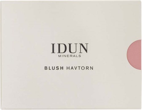 Meikkituotteiden laatikko, jossa lukee 'IDUN Minerals Blush Havorn' ja oikealla on vaaleanpunainen ympyrä.