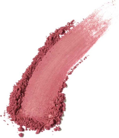 Rosa pulver med en buet stripe, noen løse partikler, på hvit bakgrunn.