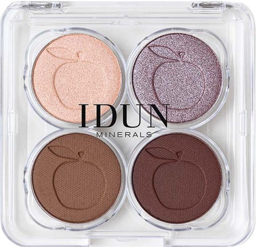 Four eyeshadows in peach, purple, brown, and dark red, labeled with an apple logo, in a clear plastic case.