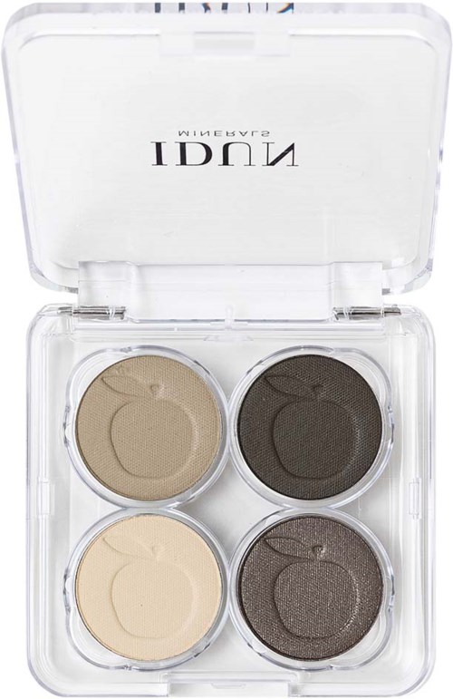 A small makeup palette with four eyeshadows in beige, dark brown, light cream, and darker gray colors.