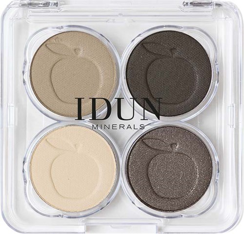 Four eyeshadow shades in a clear case, light beige, dark brown, and shimmer versions of each.