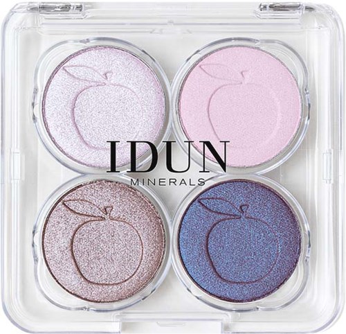Vier ronde oogschaduwpotten in een doorzichtige doos, met pastelroze, roze, bruin en blauw kleuren, en een logo op de voorkant.