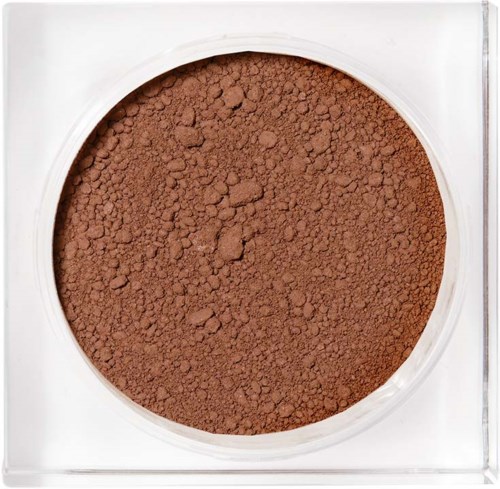 Bruine los poeder in een ronde container, mogelijk make-up of pigment.
