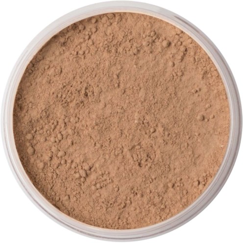 Løst brunt pudder, sandsynligvis et makeupprodukt som foundation eller bronzer, i en rund beholder.
