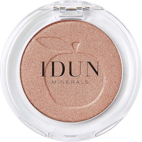 Peach-colored powder in a clear container with a logo that says "IDUN M Minerals" and an apple illustration.