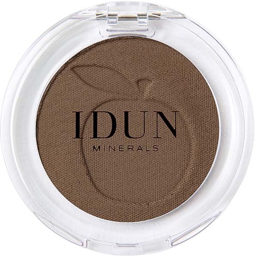 Brun øyeskygge i en liten rund beholder, merket IDUN MINERALS, med et bladdesign.