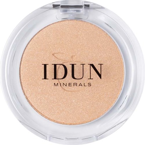 En rund kompaktsk med beige mineralpudder merket 'IDUN MINERALS'. Klar plastetui med lokk, som viser pudderet inni.