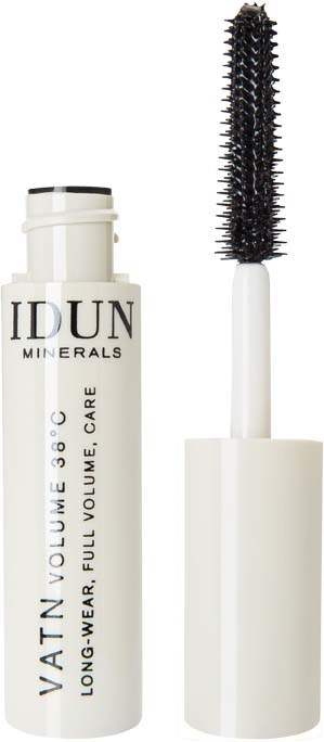 En vit tub med svart lock, märkt IDUN MINERALS VATTN VOLUME. CARE mascara med en borste inuti.