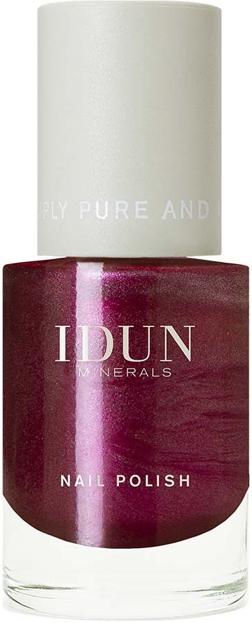 En flaske med burgunder neglelakk fra IDUN Minerals med beige lokk.