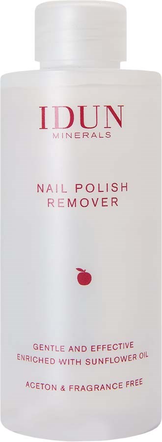 En vit flaska märkt IDUN Minerals Nail Polish Remover med ett litet röd äpple och mjuk rosa text.