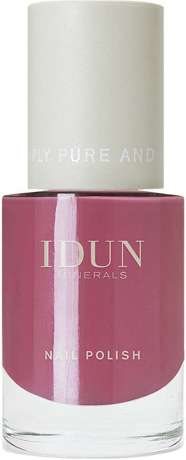 Różowa butelka lakieru do paznokci z białą nakrętką, oznaczona 'IDUN Minerals Nail Polish.'