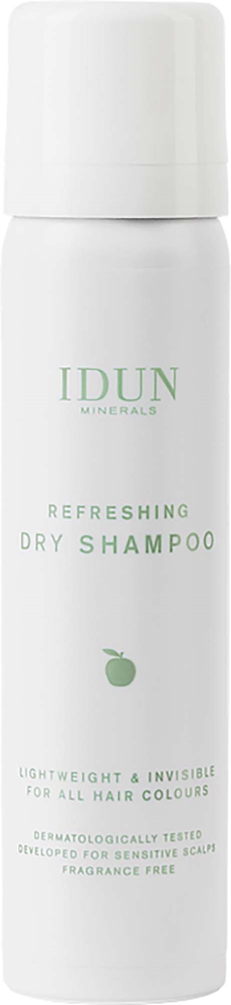 A white bottle of Idun Minerals refreshing dry shampoo with a small green fruit symbol, plain design, lightweight and unscented.