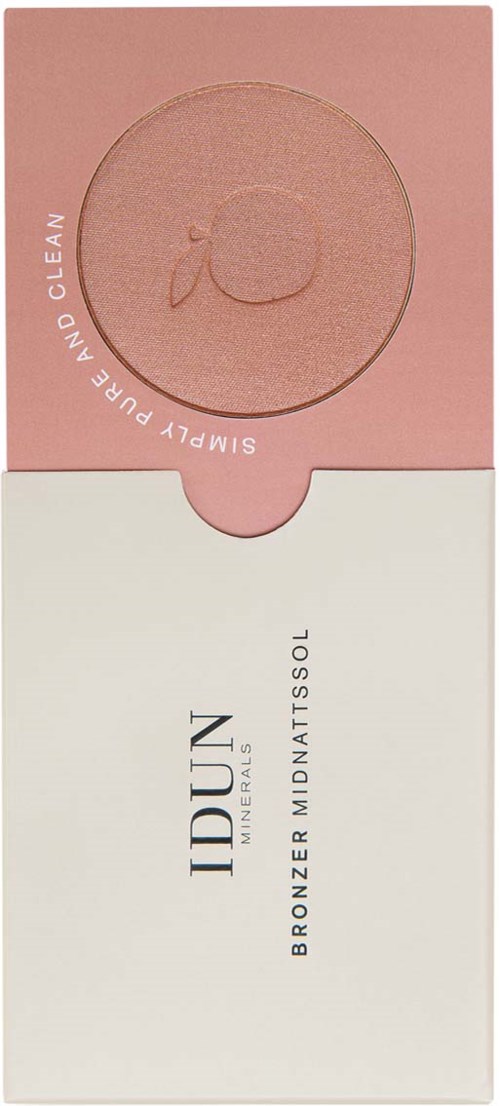 En makeupprodukt som heter IIDUN Bronzer Midnattssol, i ett rosa och vitt förpackning med en rund behållare.