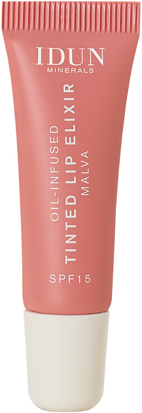 Różowa tubka z produktem do pielęgnacji skóry z białą nakrętką, oznaczoną 'IDUN Minerals', herbatę i SPF 15 ochronę słoneczną.