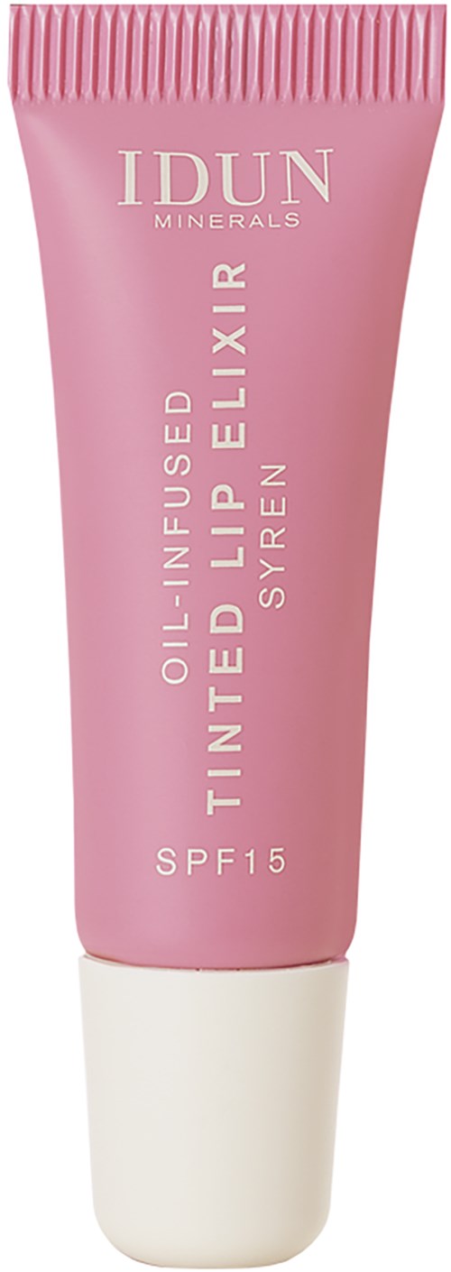 Różowa tubka IDUN Minerals, oleju wzbogacona barwiona pomadka do ust z SPF 15. Tekst opisuje ją jako pomadkę i serum.