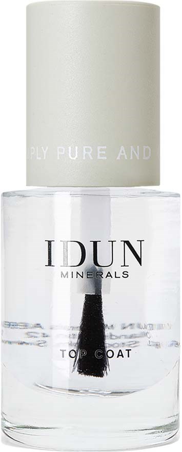 Läpinäkyvä kynsilakkapurkki, jossa valkoinen kansi ja teksti 'IDUN MINERALS TOP COAT'.