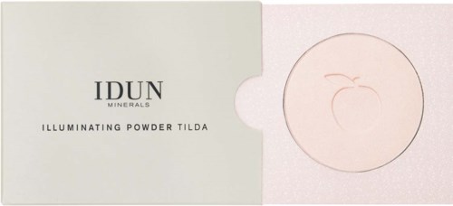 Verpakking voor IDUN Minerals verlichtend poeder, lichtgekleurde doos met ronde opening en perziklogo.