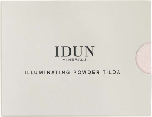Een witte doos met zwarte tekst voor IDUN Minerals verhelderend poeder, Tilda. Eenvoudig en schoon ontwerp.