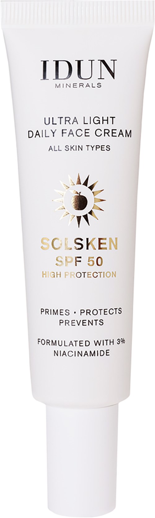 Rurka pokazuje IDUN Minerals krem przeciwsłoneczny SPF 50 dla wszystkich rodzajów skóry, z niacinamidem dla ochrony i zapobiegania.