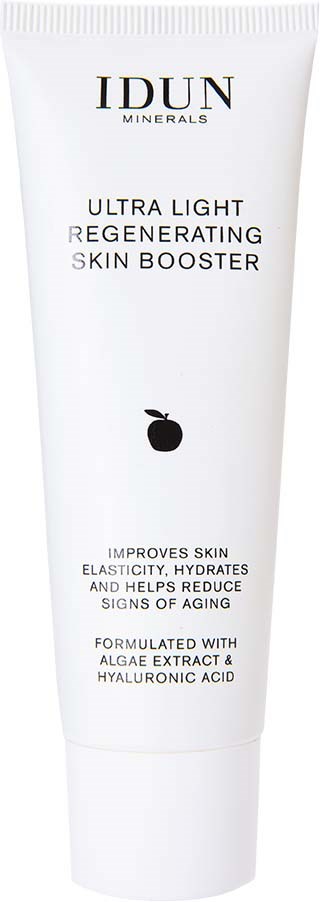 White tube labeled IDUN Minerals Ultra Light Regenerating Skin Booster with a small black fruit icon.