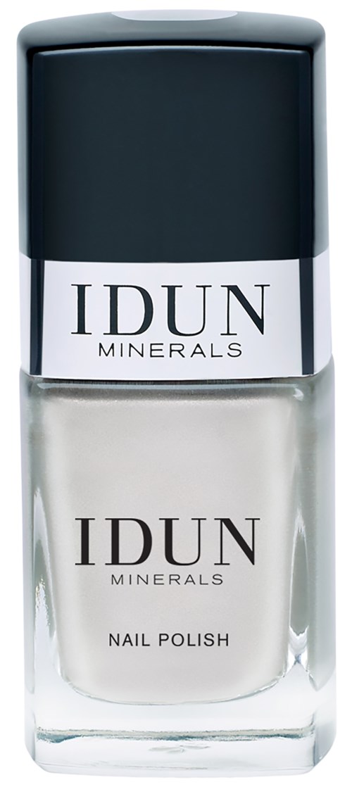 En klar glassflaske med neglelakk med svart lokk, merket 'IDUN Minerals' og 'Nail Polish.'