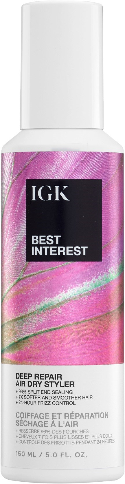 Een roze en witte haarboosterspuitfles met het label IGK Best Interest Deep Repair Air Dry Styler.