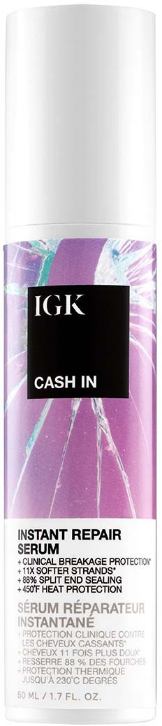 En vit pumpflaska med en lila och svart etikett som säger IGK Cash In, Instant Repair Serum.