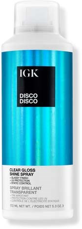 En hvit flaske med blå etikett som sier IGK DISC0 DISC0, beskriver en klar gloss spray.