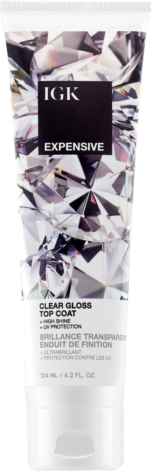 Eine Tube IGK Clear Gloss Top Coat mit einem glänzenden, diamantähnlichen Design auf der Verpackung.
