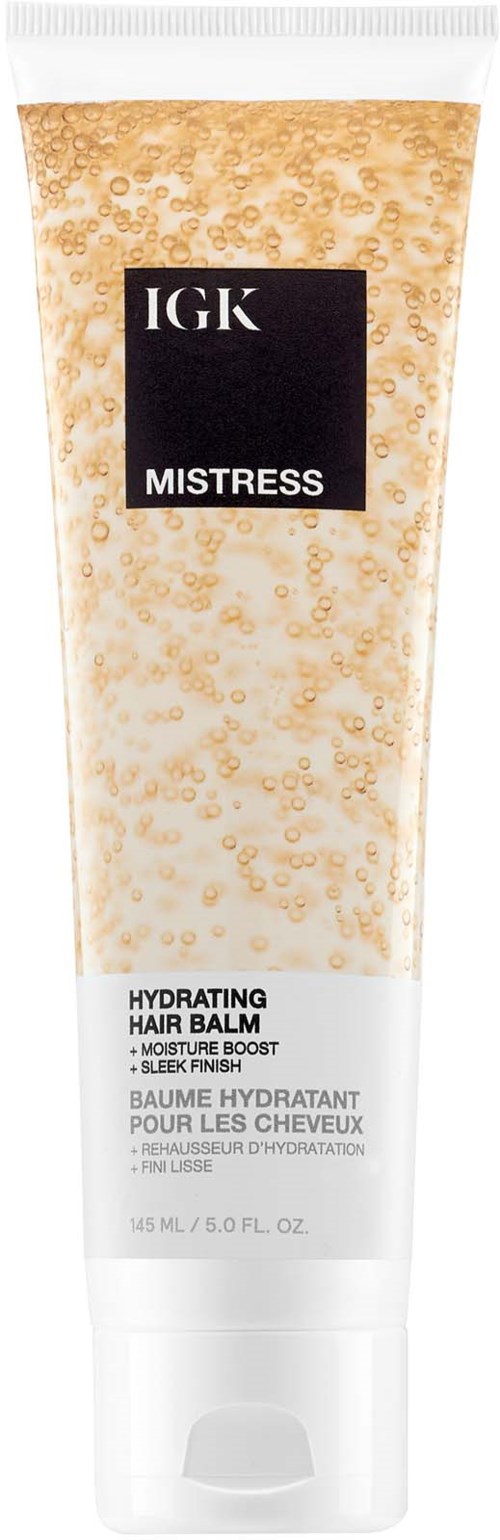 A tube of IJK Mistress hydrating hair balm with a black label, showing beige and white design, 5 oz size.
