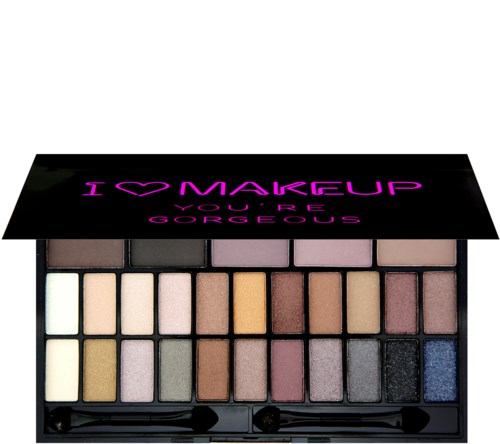 En sminkpalett med olika ögonskuggor och ett lock som säger "I love makeup, you're gorgeous."