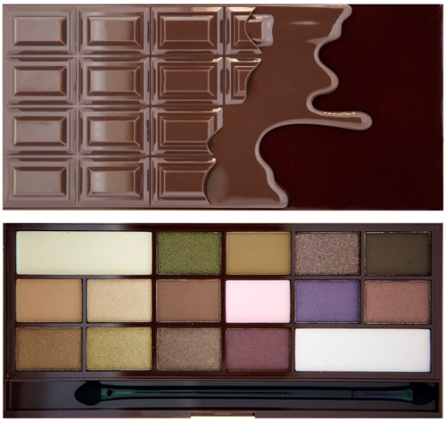 An open chocolate bar with some pieces missing and an eyeshadow palette with various colors.