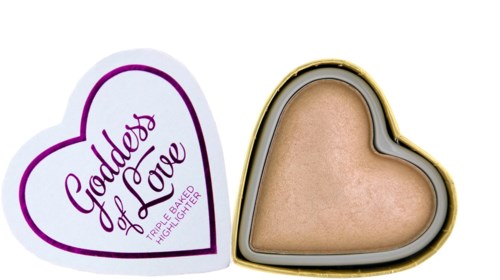 A heart-shaped box labeled 'Goddess of Love,' containing pressed highlighter makeup.