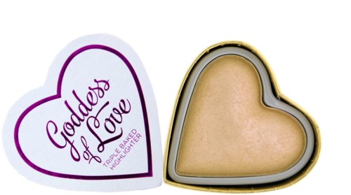 Heart-shaped makeup highlighter with a purple and white box reading "Goddess of Love."