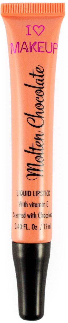 Huulukaulusputki, jossa pinkki korkki, etiketti sanoo 'I ❤️ MAKEUP', nimeltään 'Molten Chocolate' ja sisältää E-vitamiinia.